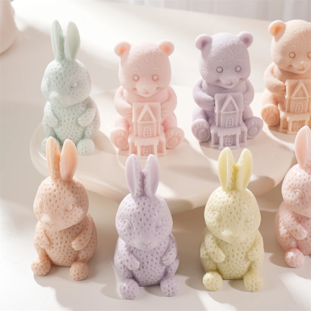 Bear Hold House Silicone Soy Wax Mould Strawberry Bunny Candle Silicone Mold DIY Home Decoration Rabbit Candle Mold - Image 4