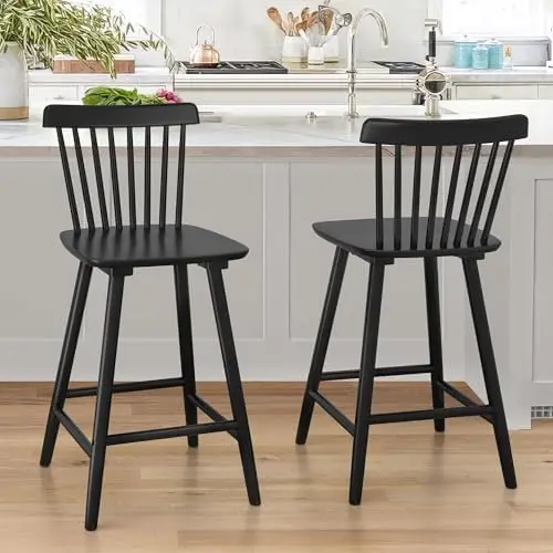 Upgraded Windsor Wooden Black Bar Stools Set of 2, 24 Inch Counter Height Barstools with Spindle Back/Bigger Seat for