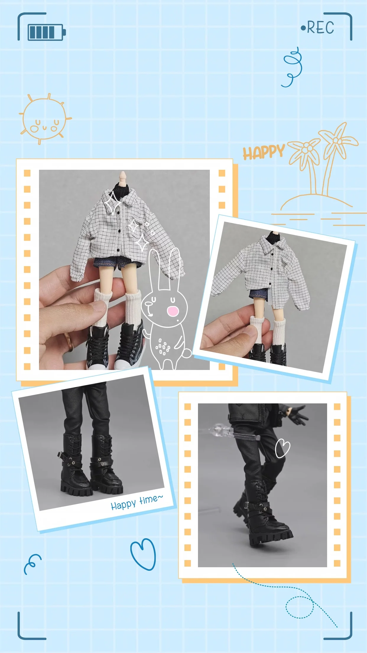 

1/12 Scale Female Soldier Leather Martin Boots Plaid Shirt Base High-neck Sweater Denim Shorts For 6'' Action Figure Fit BJD