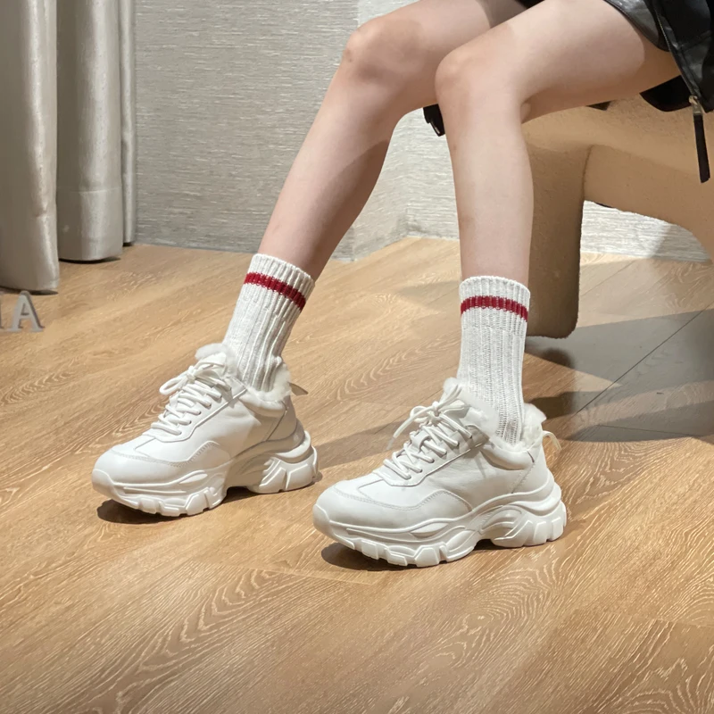 

Winter Wool Chunky Boots Women Thick Sole Thickened Plush Sneakers Genuine Leather Athletic Casual Shoes