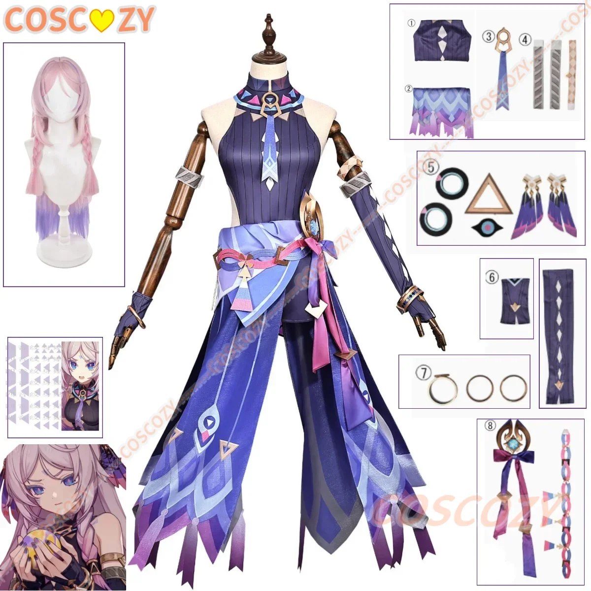 Genshin Impact Newly Citlali Cosplay Costume Wig Tattoo Stickers Citlali Pink Purple Wig Masters Of The Night-Wind Cosplay Dress