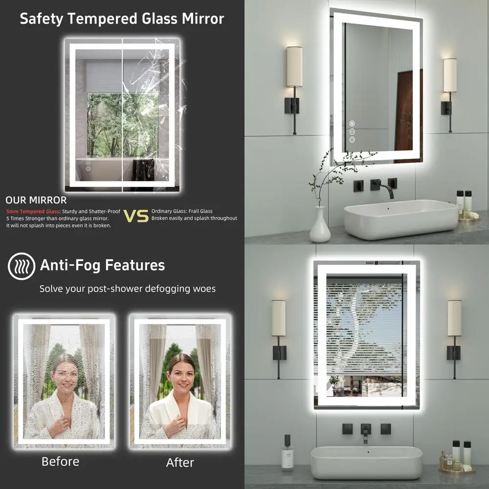 

Зеркало для ванной комнаты со светодиодной подсветкой 20x28 дюймов, противотуманное и бесступенчатое затемнение