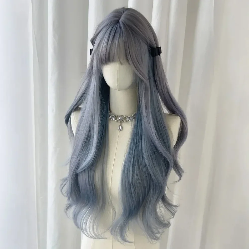 Ashely Wig for Women Long Curly Wave Haze  Blue Wigs with Bangs 24inch Natural Simulation Fluffy Lolita Wig for Cospay Daily Use