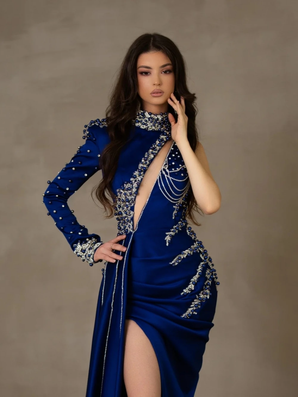 Vestido De noche De cuello alto con cuentas De cristales, traje De Novia De sirena elegante, largo hasta el suelo, color azul