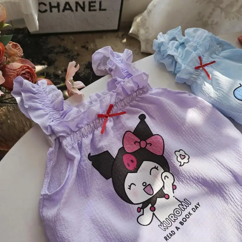 Conjunto de pijamas de Anime Kawaii Cinnamoroll para niñas, ropa de casa sin mangas con lazo de My Melody, ropa de casa linda de dibujos animados para niños, Kuromi, Verano