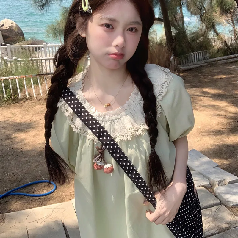 

Japanese Retro Lace Spliced Ruffle Collar Fruit Green Puff-sleeve Shirt For Women Harajuku Casual Chic Doll Top For Summer Korea