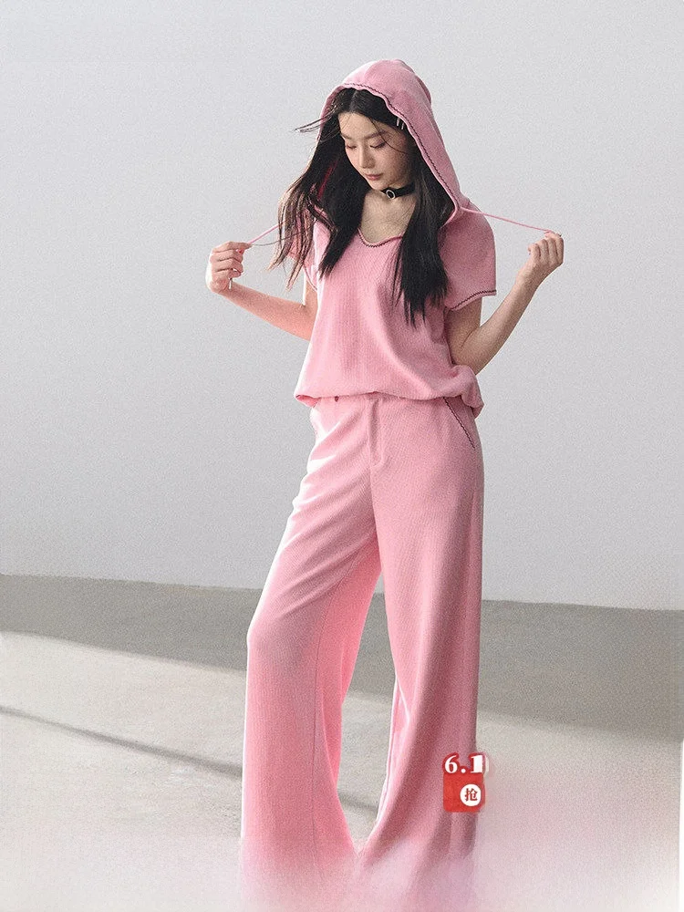 

LulusMiracle Balaclava Trap Thin Short Sleeve Hoodie Sports Suit Casual Pants Women's Fashion Set Cotton V-neck Spring Summer
