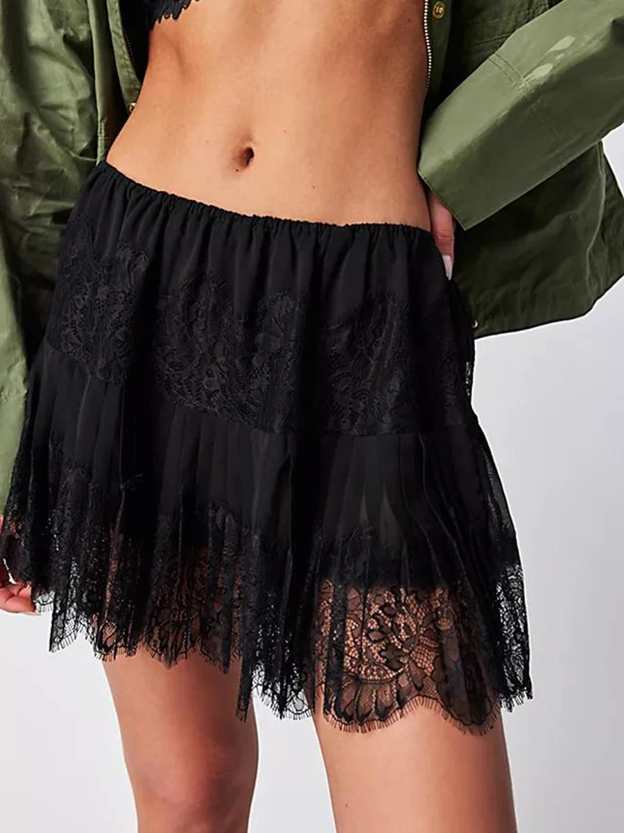 Women Tiered Lace Mini Skirt 2024 Summer Casual Elastic Waist Pleated Lace Trim Half Slips Short Skirts Underskirt