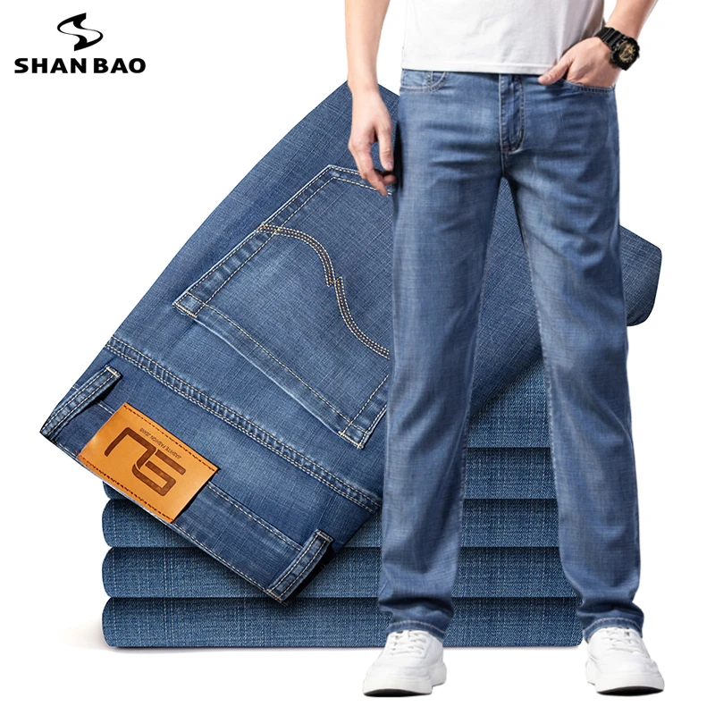 SHAN BAO Summer Brand New Men's Fit Straight Ultra Thin Breathable Jeans Simple Casual Clothing Cotton Stretch Lightweight Jeans