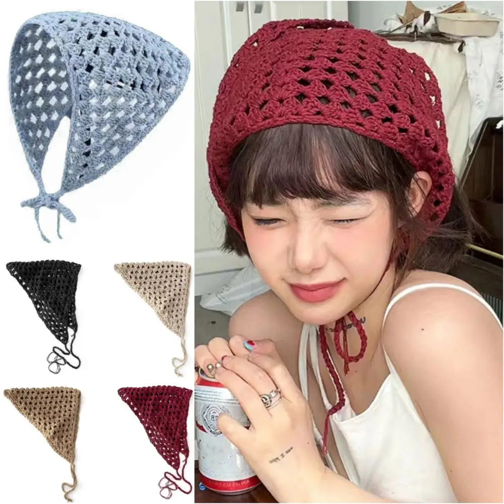 

Multicolor Knitting Headband Triangular Hollow Pastoral Style Crochet Triangle Headscarf Photo Props Hair Accessories
