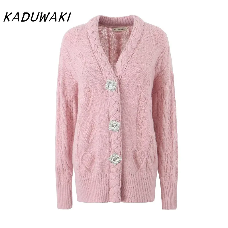 KADUWAKI E-girl Gothic Women Spring Fashion Sweet Twist Jacquard Knitted Cardigan Rhinestone Button Short Sweater Cute Outwear