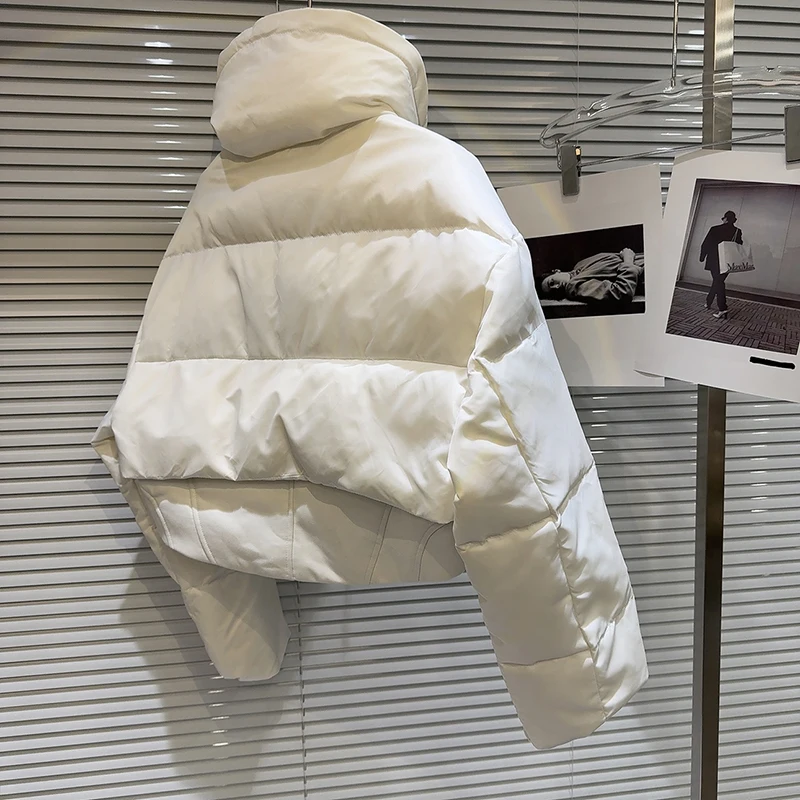 Vrouwen dubbele rits ontwerp gevoel trekkoord hoge hals korte witte eend donsjack 2025, winter nieuwe dikke casual warme jas