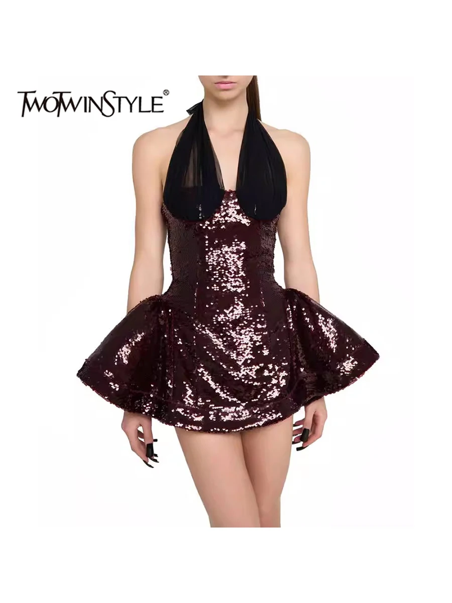 

TWOTWINSTYLE Hit Color Spliced Sequines Slimming Dresses For Women Deep V Neck Sleeveless High Waist Temperament Dress Female