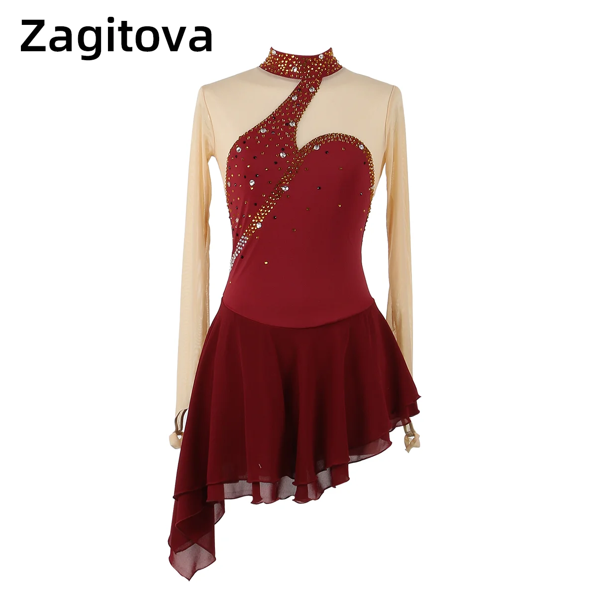 

Zagitova Figure Skating Dress Women Girls Ice Skating Skirt Performance Competition Mesh Skirt Wine Red