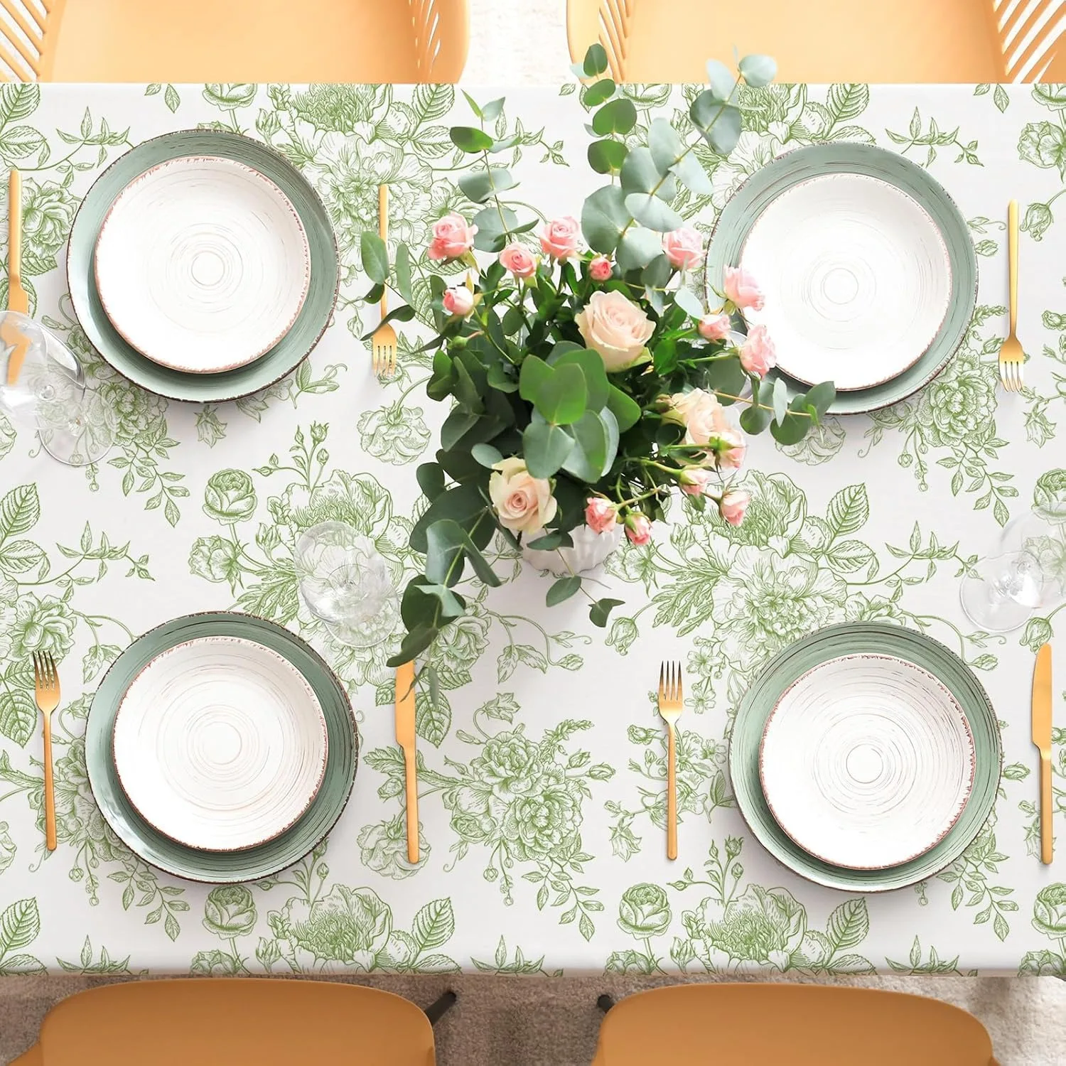 Rectangular Floral Fabric Tablecloth, Green Floral Washable Wildflower Tablecloth, Suitable for Wedding Decorations Spring Picnic and Dinner Decoration, Summer Decoration Garden Decor for Outside Outdoor Decor, 1pc, Dopamine Hyper-Complex