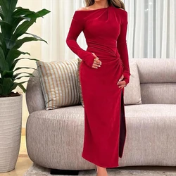 CustomizedSolid Color Velvet Modern Side Slit Off the Shoulder Evening Dresses Long Sleeves Boat Neck Ankle Length Straight Sau