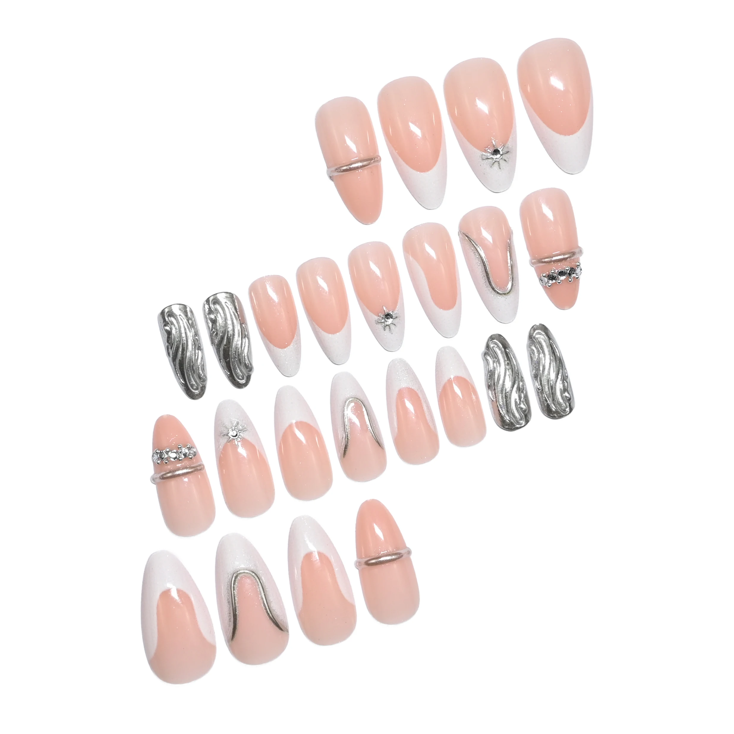 Transform Your Nails | 24Pcs Luxe Elegant Nude White French Press On Nails, Almond Shape with Silver Metal Line & Rhinestone