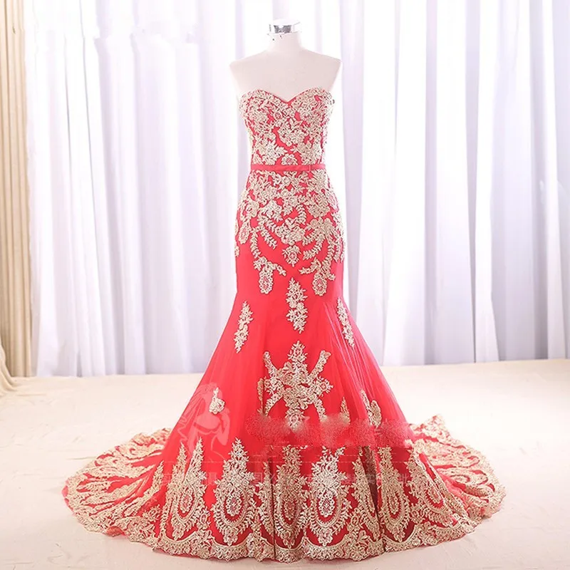 drop shipping mermaid cheap discount in stock golden lace appliques new Elegant Prom Dresses red Long bridesmaid Evening Dress