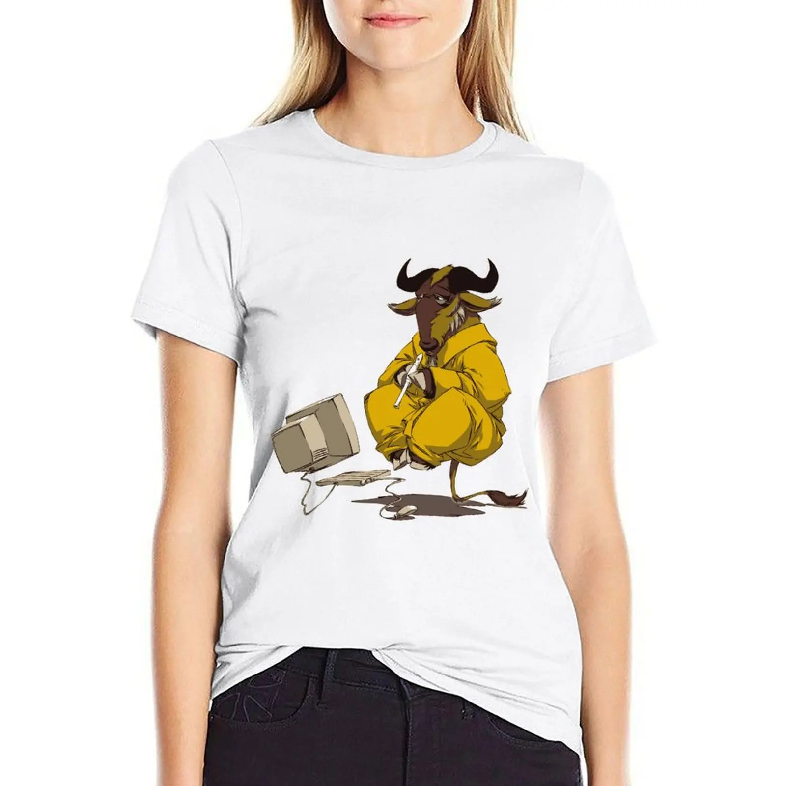 

GNU meditating and playing the flute T-shirt summer clothes cute tops rock and roll t shirts for Women