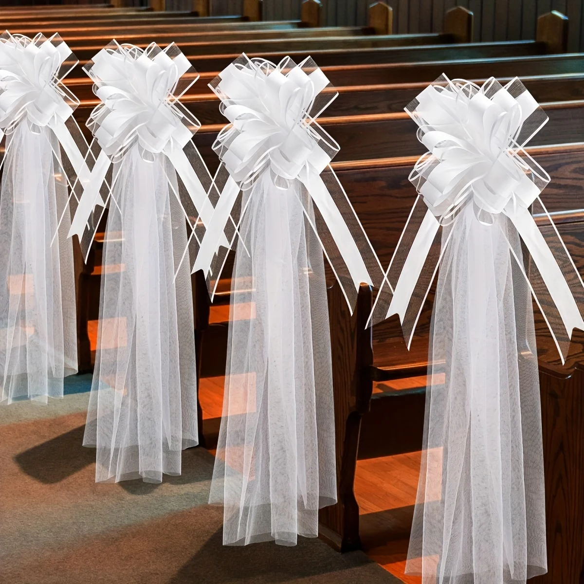 4-piece set of white wedding bench bows, wedding and church chair aisle decorations, wedding car decorations