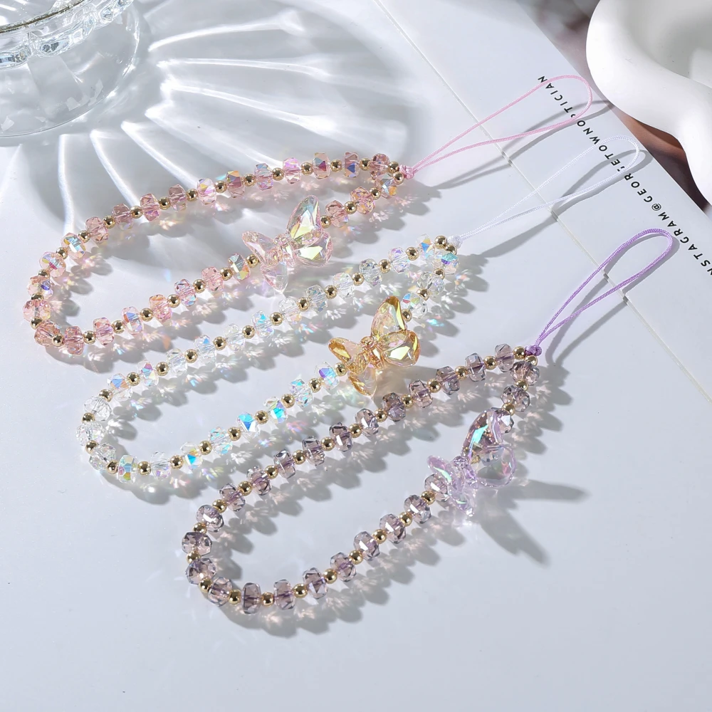 Creative Crystal Telephone Chain Butterfly Round Beaded Mobile Phone Case Chain For Women Girls Anti-lost Cellphone Hanging Cord