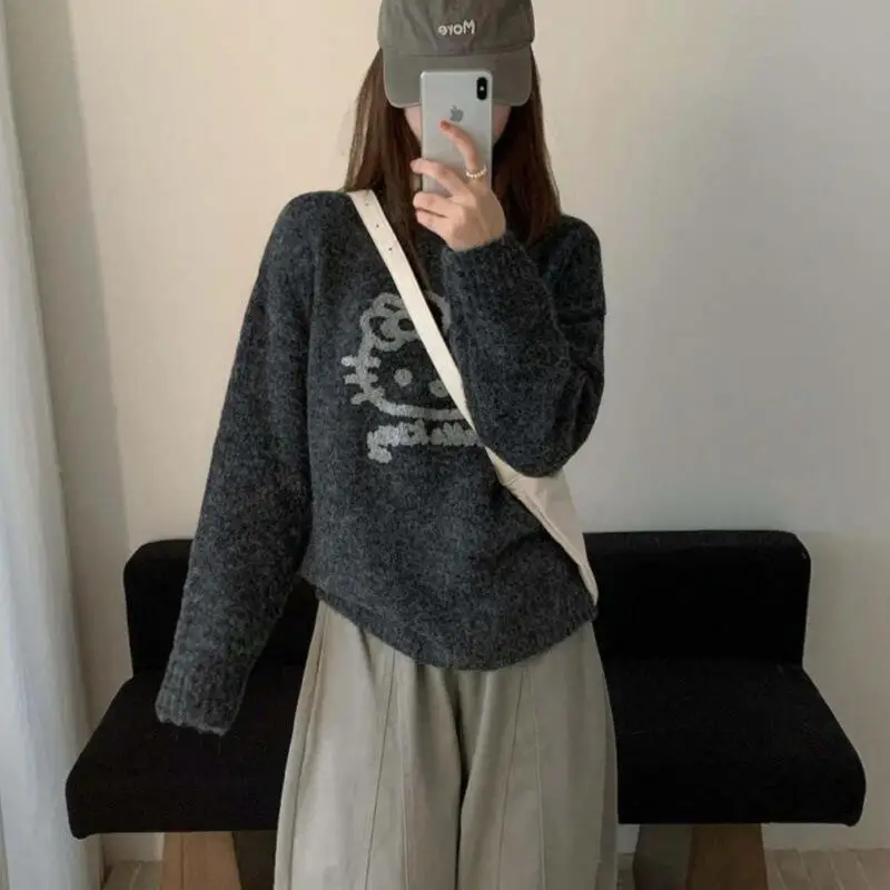 ホット秋冬新女性ファッションカジュアルセーターファッション漫画ハローキティジャカードラウンドネックルーズ多用途ニットセーター