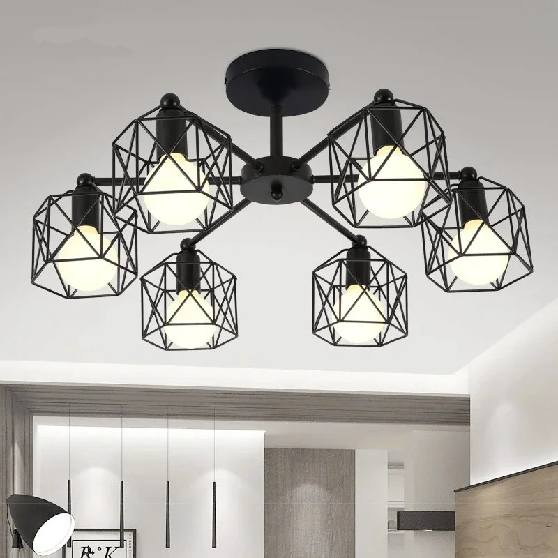 Northern Europe Modern Black Chandelier Iron Cage Ceiling Lamp Fixtures Kitchen Luminiare Bedroom Living Room  Home Decor Lights