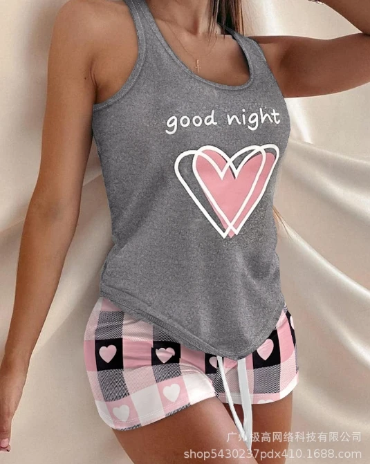 Round Necked Sleeveless Vest with Curved Hem, Plaid Three Piece Pants, Women's Summer Daily Love Printed Pajama Set