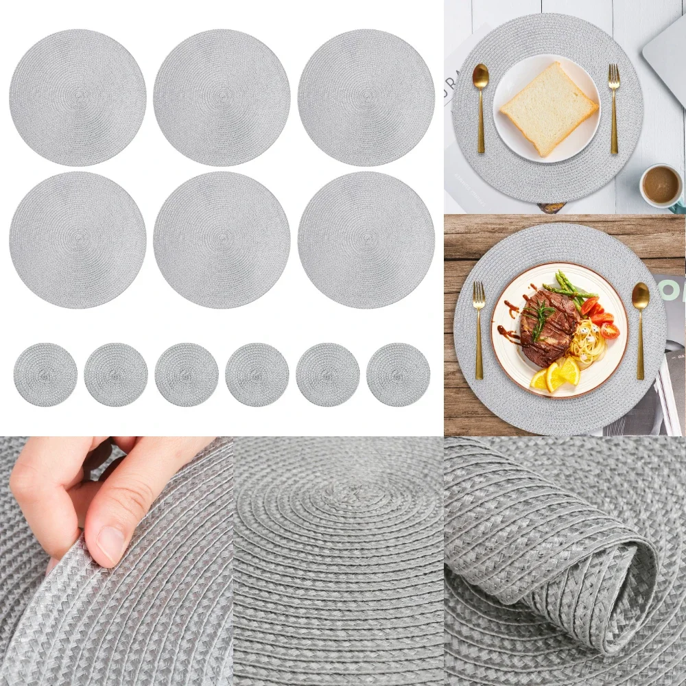 Set of 6 Round Braided Placemats with Coasters Place Mats Non Slip Heat Resistant Table Decor Mats for Home Dining Rome Weeding