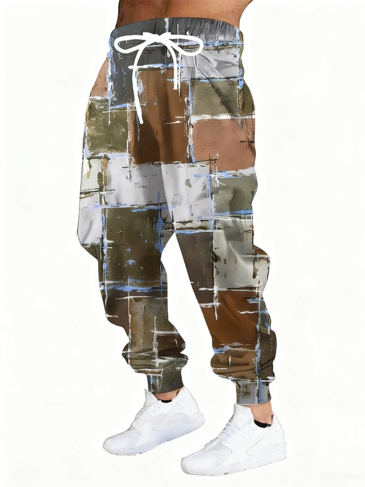 

Новые мужские повседневные брюки с 3D геометрическим узором и принтом, уличные дышащие спортивные брюки, стильные уличные брюки на шнурке, мужские брюки
