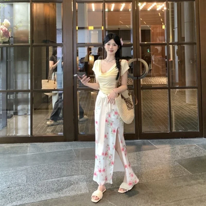 Long Women's Two Skirt Piece Set Maxi Chic and Elegant Clothing New Arrivals In The Same Vintage Luxury Designer Female Outfits