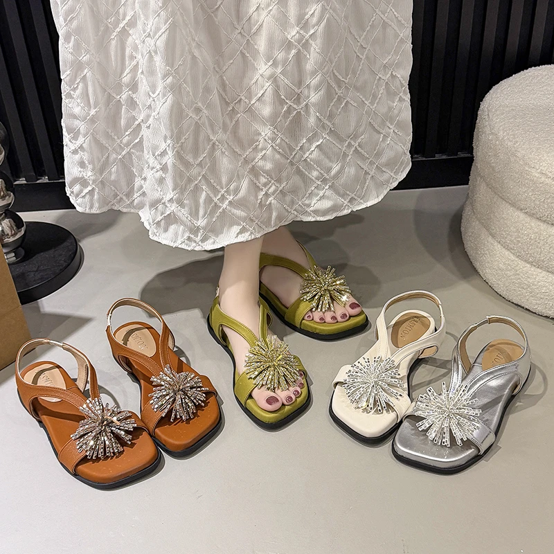 

Women's Tassel Crystal Flat Sandals Open Toe Elastic Back Strap Casual Summer Shoes for Beach Outdoor Party Daily Office Wear