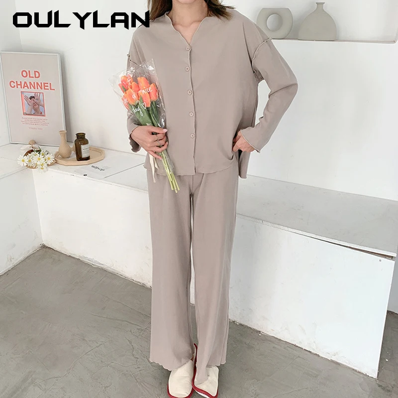 Simple Casual Pajamas Spring Autumn Women Loose Solid Color Sleepwear Set Female Pure Style Sweet Home Wear Suit 2024