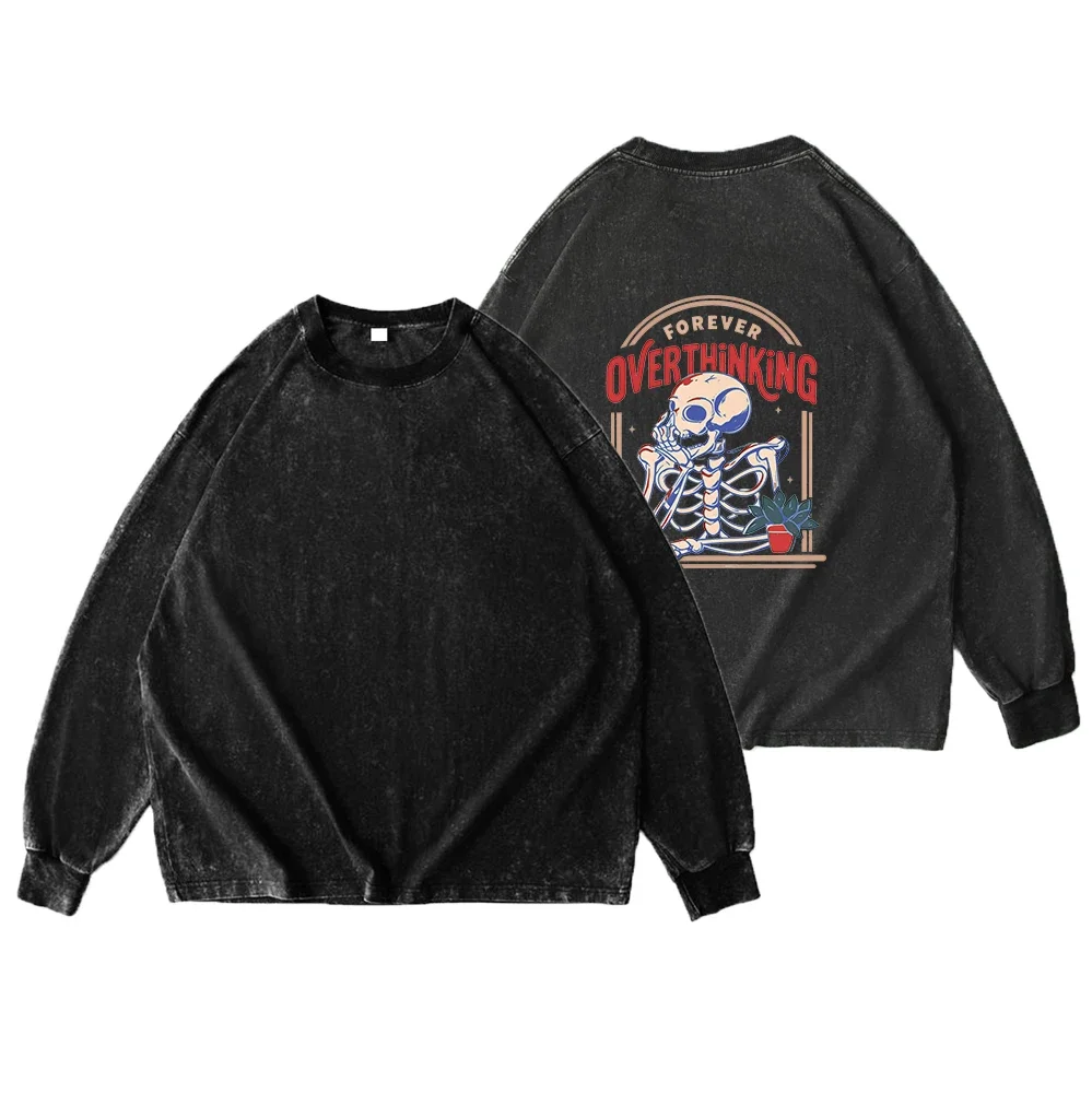Unisex Vintage Washed Long Sleeve T Shirt Heavyweight Cotton Loose Drop Shoulder Compass Mountain Graphic Streetwear Casual Tops