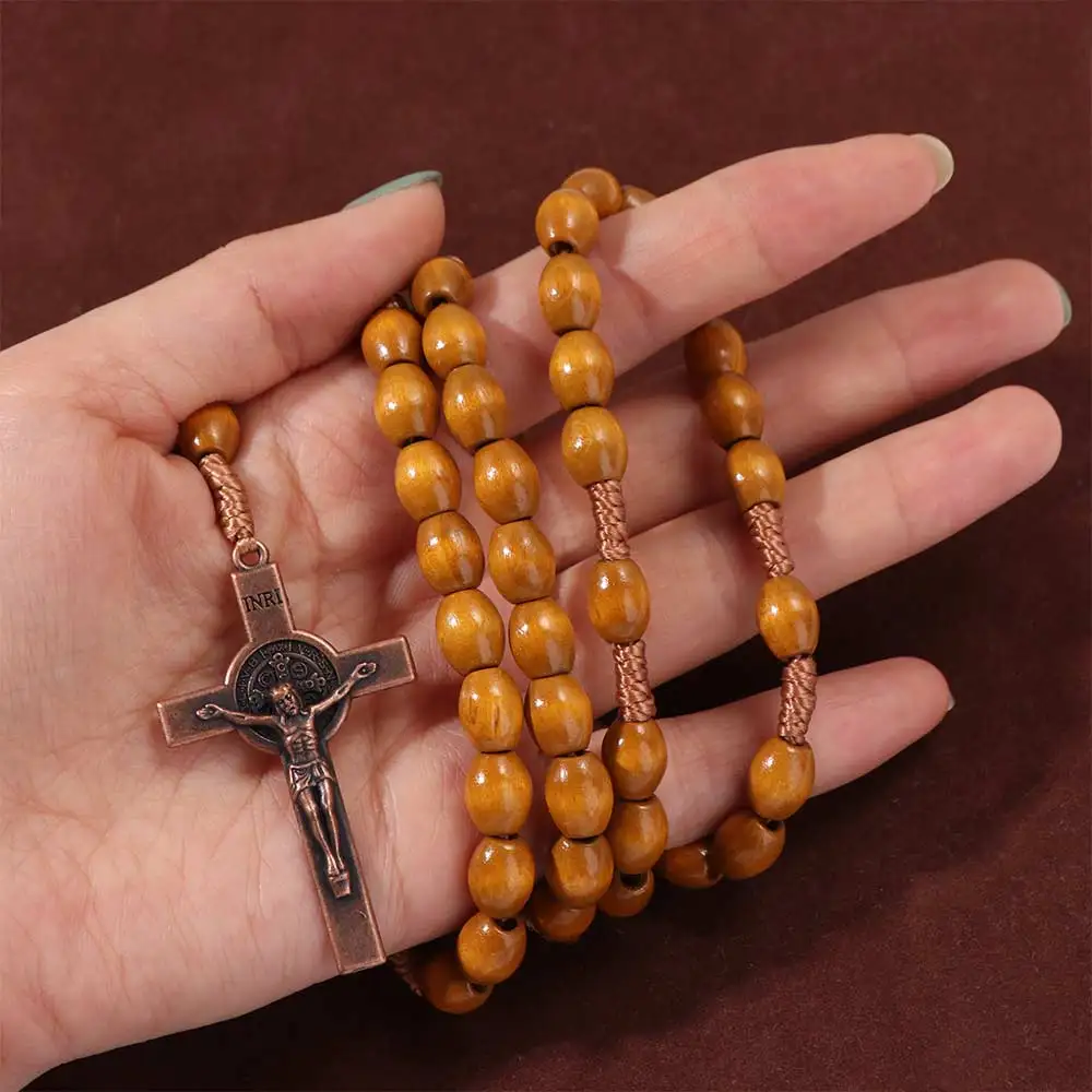 Car Hanging Ornament Handmade Rosary Necklace Wood Catholic Wood Beads Necklace Durable Mellow Crucifix Pendant Chain Men