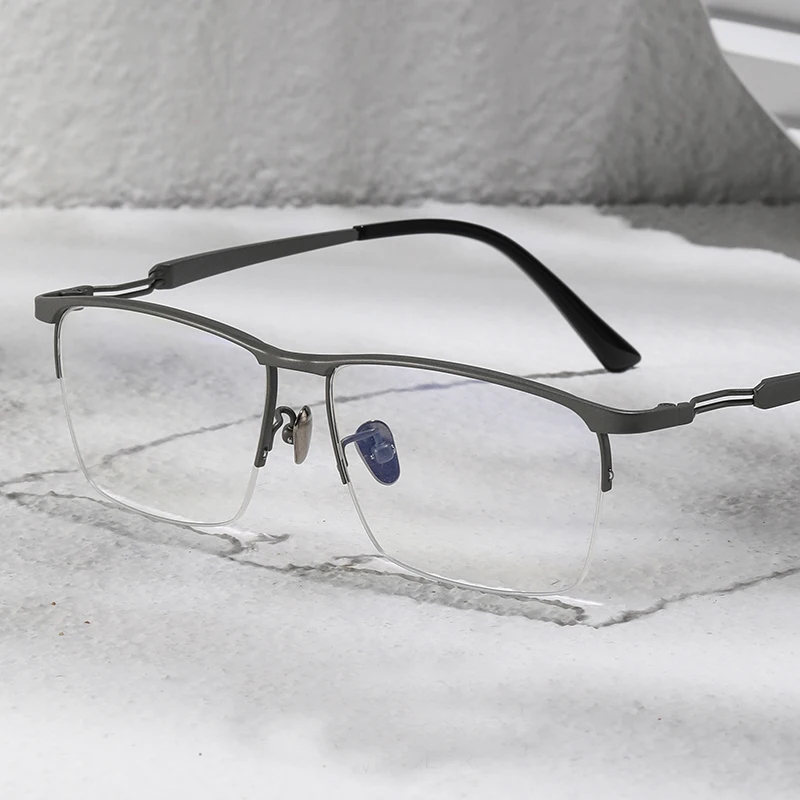Pure Titanium Business Semi Rimless Glasses Frame for Men Ultralight Rectangle Eyeglasses Blue Light Blocking Eyewear Male