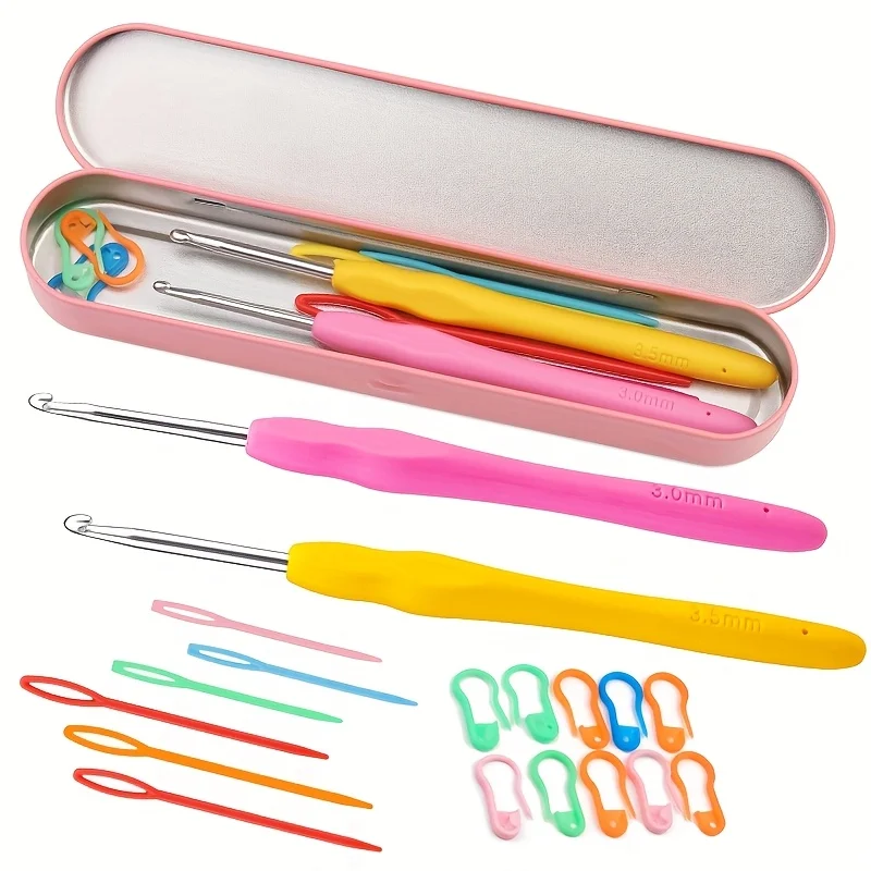 one set Crochet Hooks Set Ergonomic Soft Grip Knitting Needles 3.0mm 3.5mm with Stitch Markers & Portable Pink Metal Case