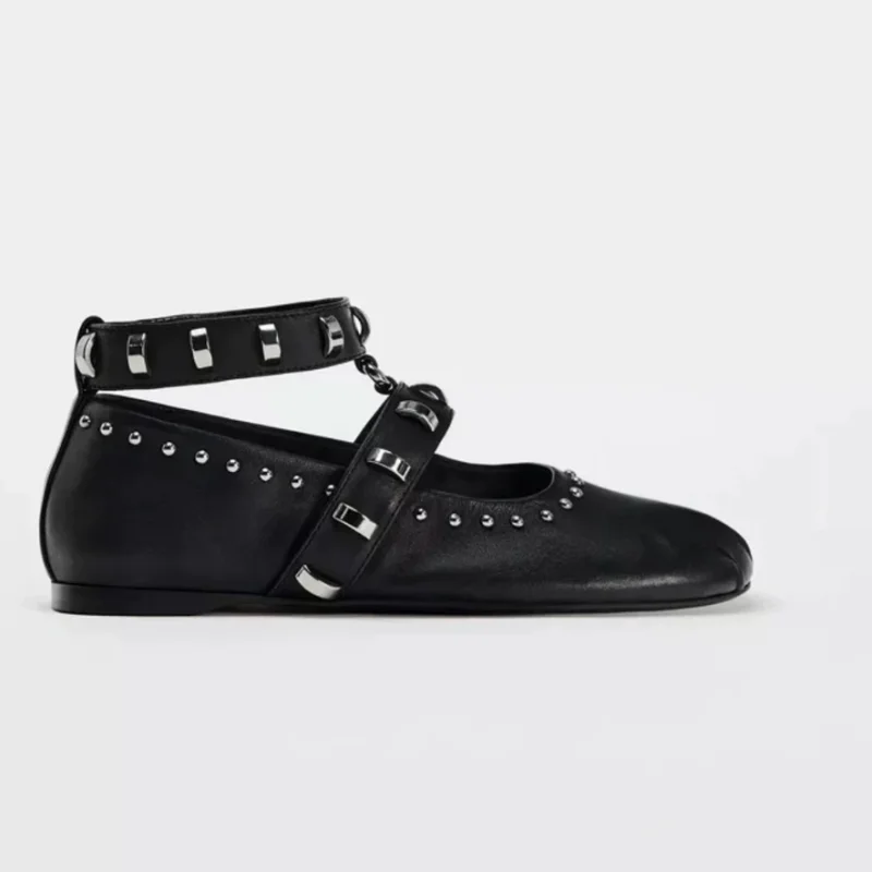 Rivets Womens Shoes Round Toes Flat Heels Shallow Female Ballets Ankle Strap Zapatos Mujer Solid Ladies Studs Chassure Femme