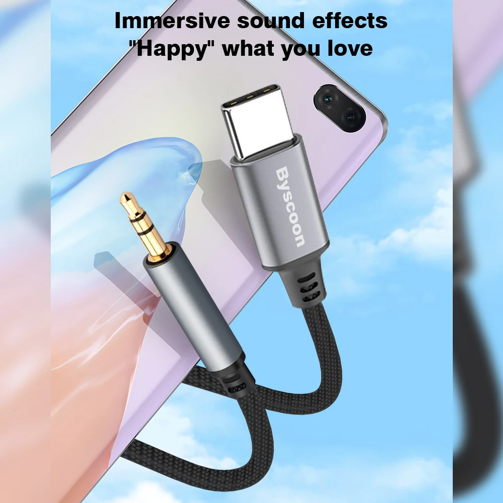 Byscoon Type C to 3.5mm Aux Cable USB-C To 3.5 Jack Male to Male Adapter Wire For Headphone Headset Speaker For Xiaomi Samsung