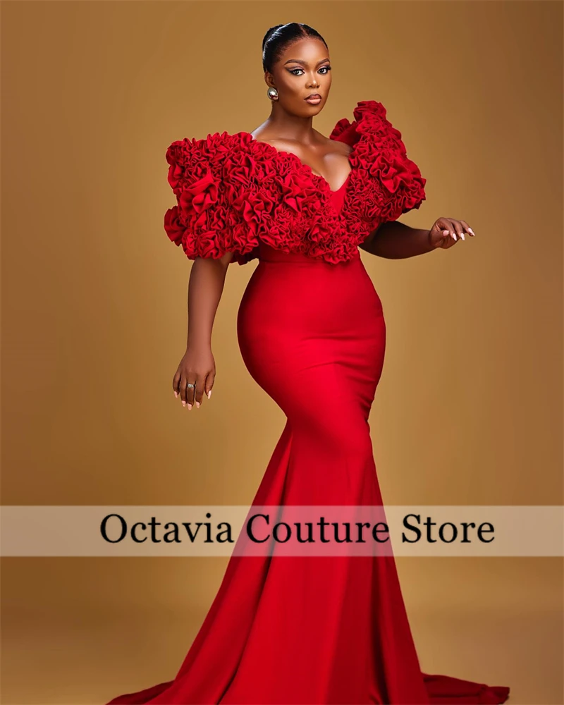 Aso Ebi African Red Off The Shoulder Evening Dresses For Black Girls Ruffles 2024 Birthday Luxury Dress Formal Gown Customized