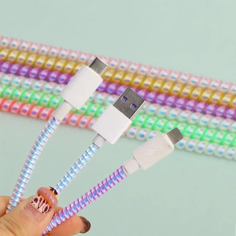 160CM Colorful Laser Spiral USB Charger Cable Cord Protector Wrap Cable Winder For iPhone 15 14 Samsung Xiaomi Data Cable Winder