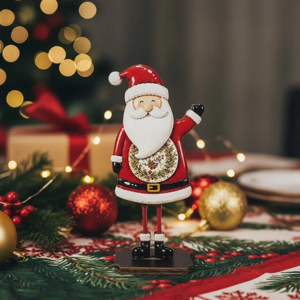 Wooden Santa Claus Tabletop Ornament Rustic Cartoon Holiday Reindeer Desktop Ornament Slot in Base 2D Flat Printing