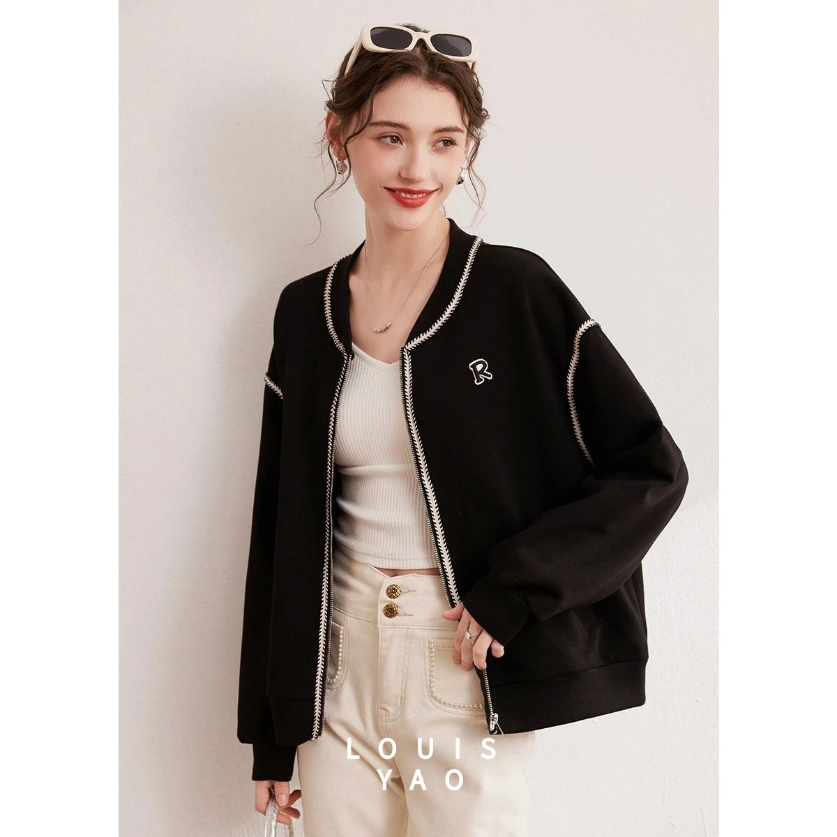 

LOUISYAO Splicing Color Woven Ribbon Cardigan Women 2025 Spring Autumn Relaxed Fit Loose Slightly Stretchy Jacket