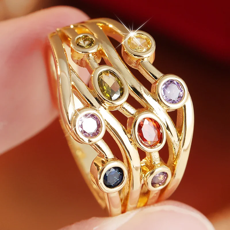 Ladies' Exquisite Luxury Wide Face Ring Wave Staggered Hollow Inlay Colorful Synthetic Zircon Ring Gorgeous Trend Jewelry