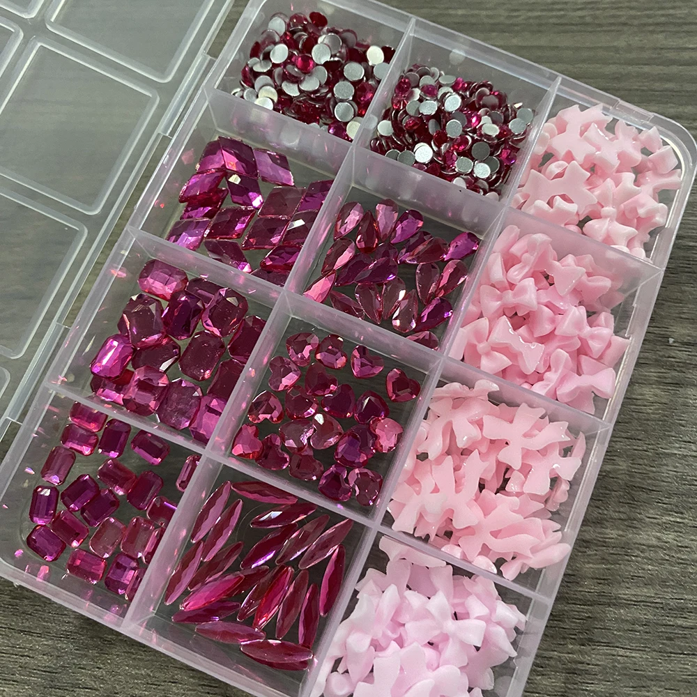 

12Grids 3D Pink Bowknot&Rose-Red Rhinestone Nail Charms Mixed Round/Heart/Square/Rhombic Diamond Nail Decor DIY Nails Accessorie