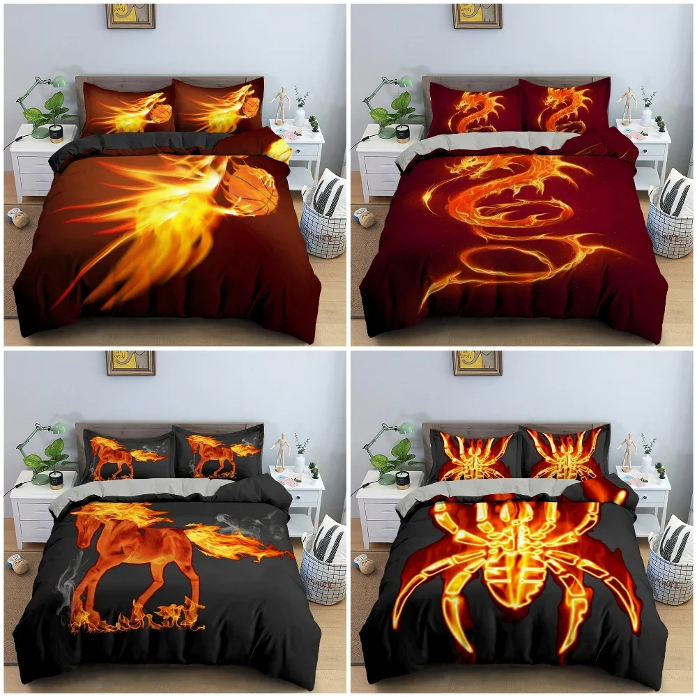 

3D Flaming Animal Pattern Duvet Cover Luxury Bedding Set Fire Dragon And Horse Bedclothes Bedroom Decor Home Textile 2/3PCS