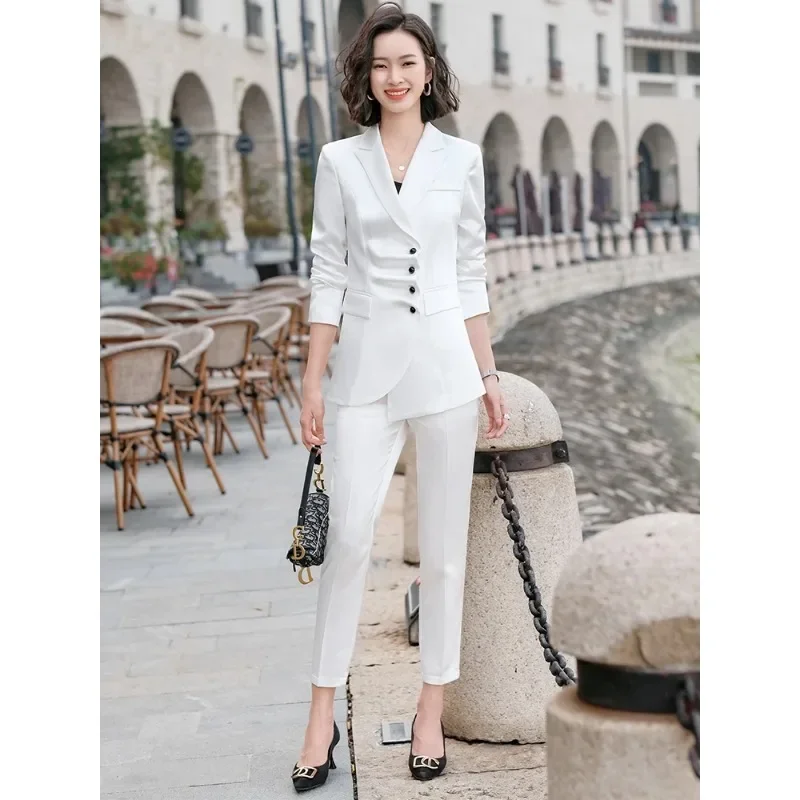 Blazer plissé et pantalon de surintendant pour femme, tenue de bureau, blanc, bleu, noir, ensemble deux pièces formel pour l'été