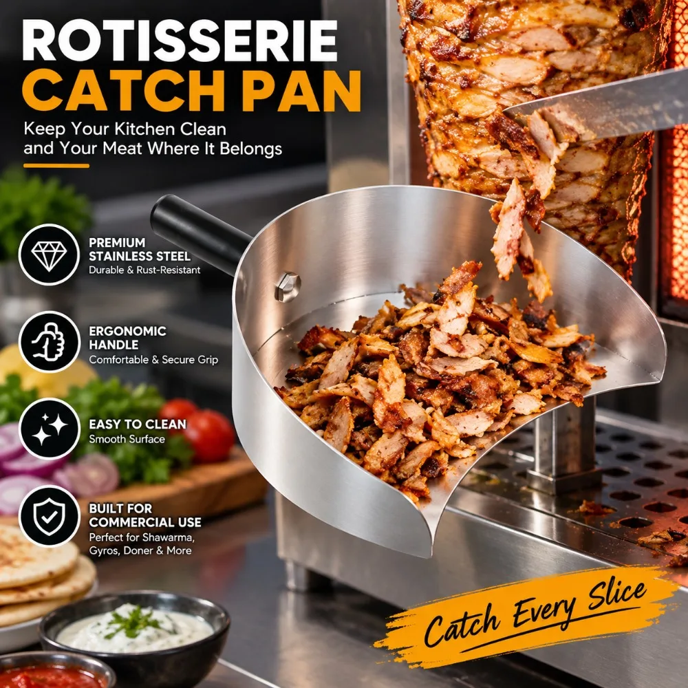 Ergonomic Handle Rotisserie Catch Pan Silver Drip Catcher Stainless Steel Meat Catcher Stainless Steel Grill Meat Catcher
