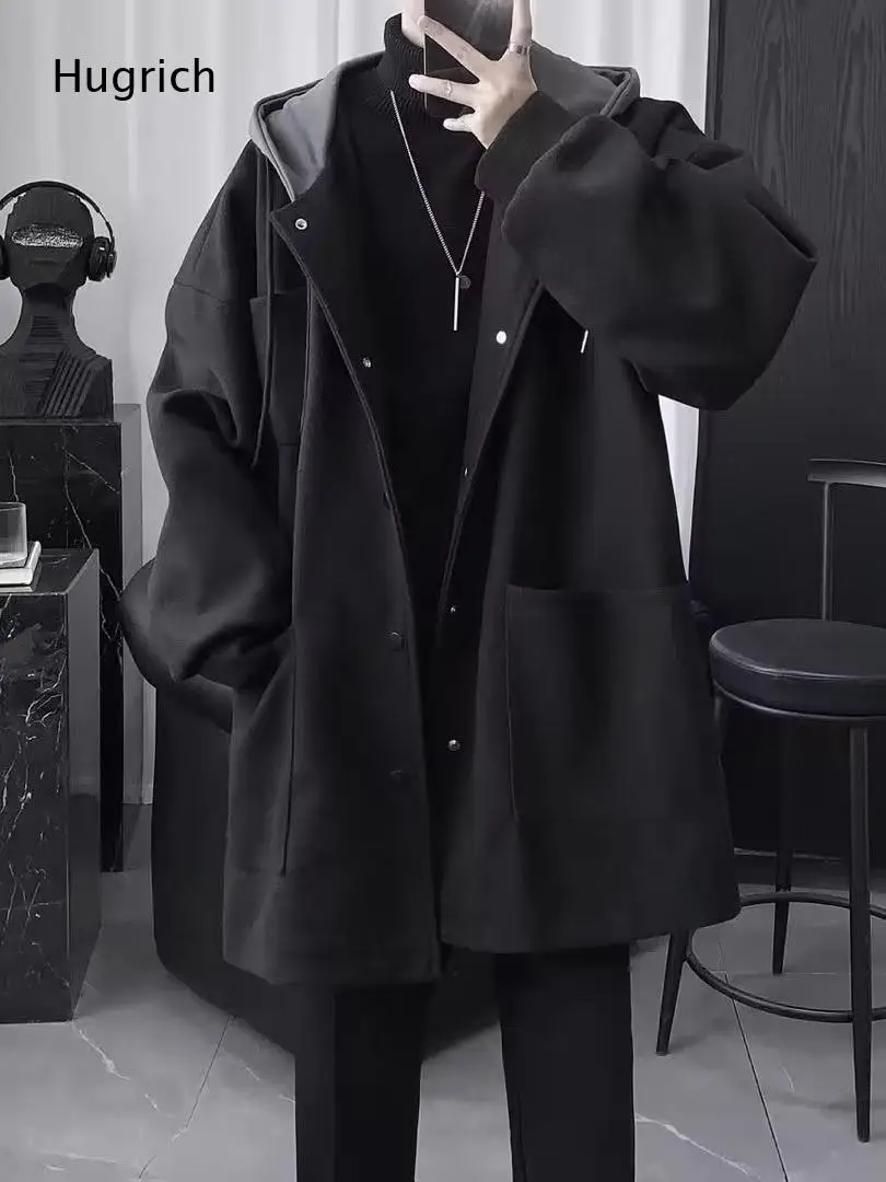 Black Grey Contrast Lining Hooded Wool Coat Mens Oversized Big Pocket Streetwear Winter Overcoat