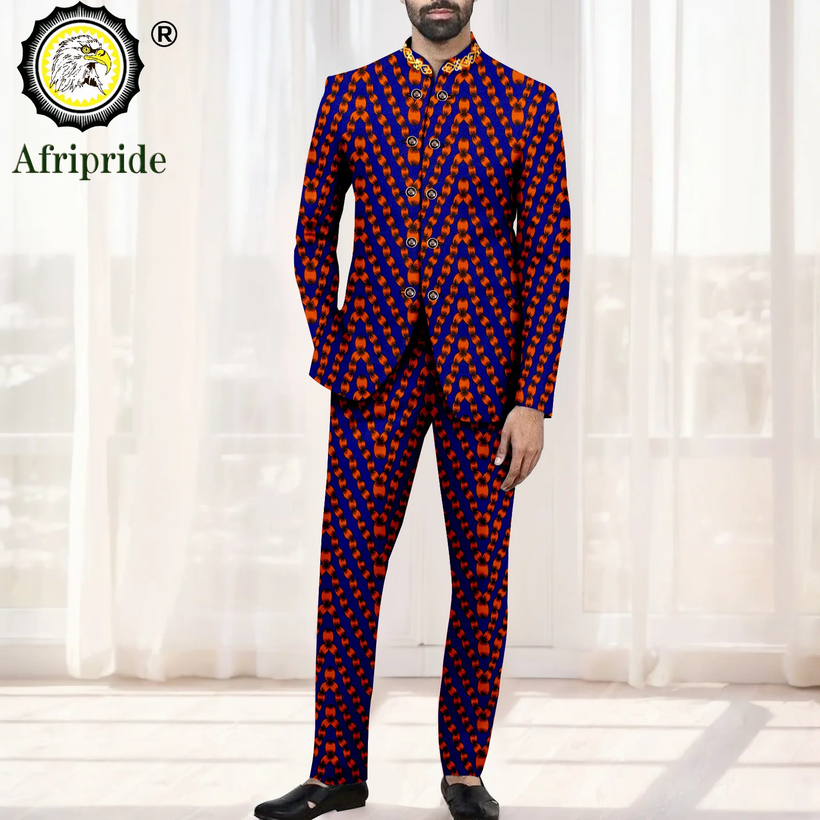 African Suits for Men Slim Fit Double Breasted Embroidery Blazer and Pants Set Business Suit Print Outfits for Wedding 2416101